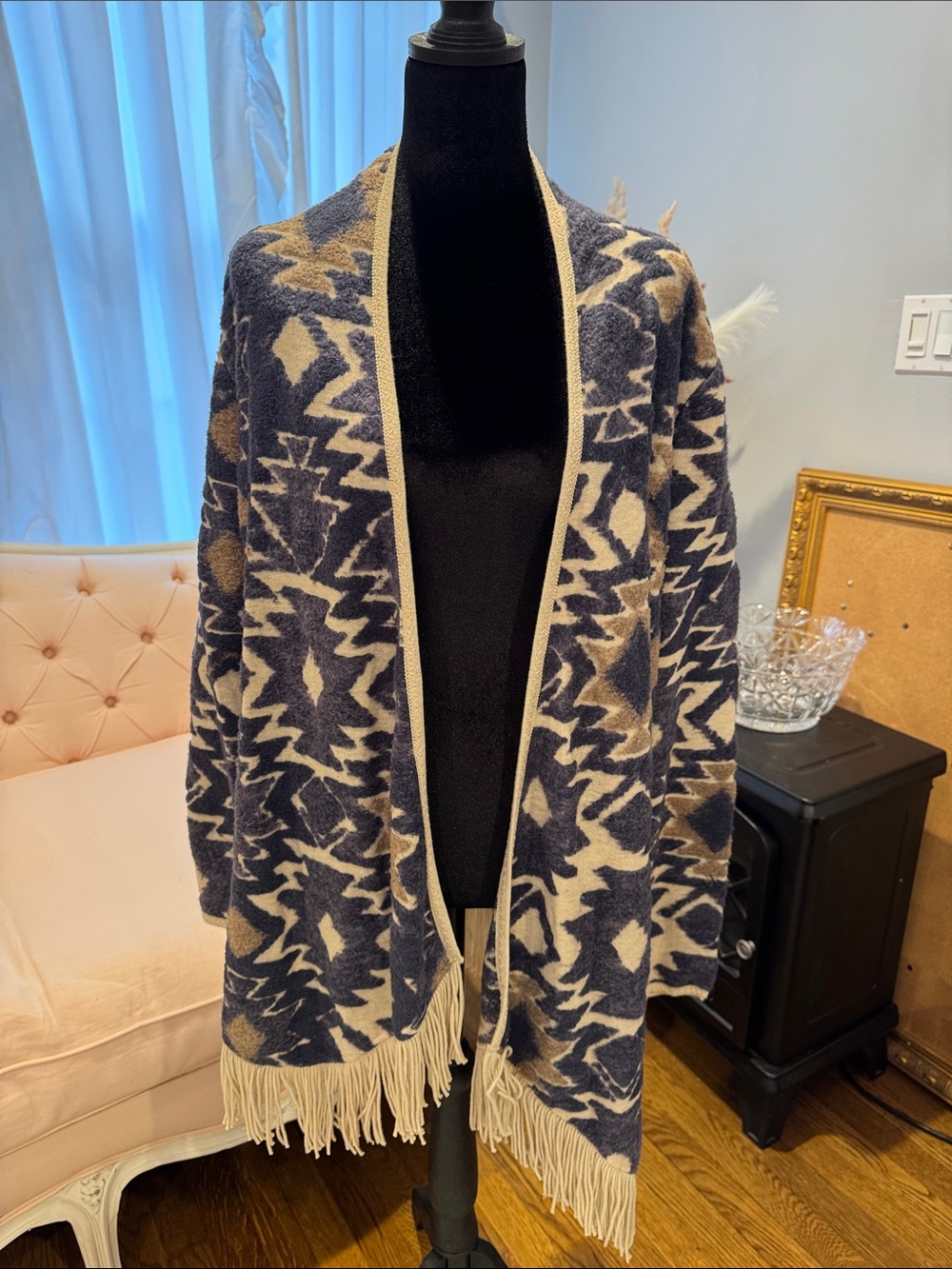 Lucky Brand Navy, Cream & Tan Patterned Fringe Cardigan